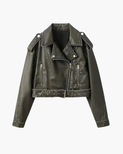 Isla – Cropped fitted design – Belted biker jacket