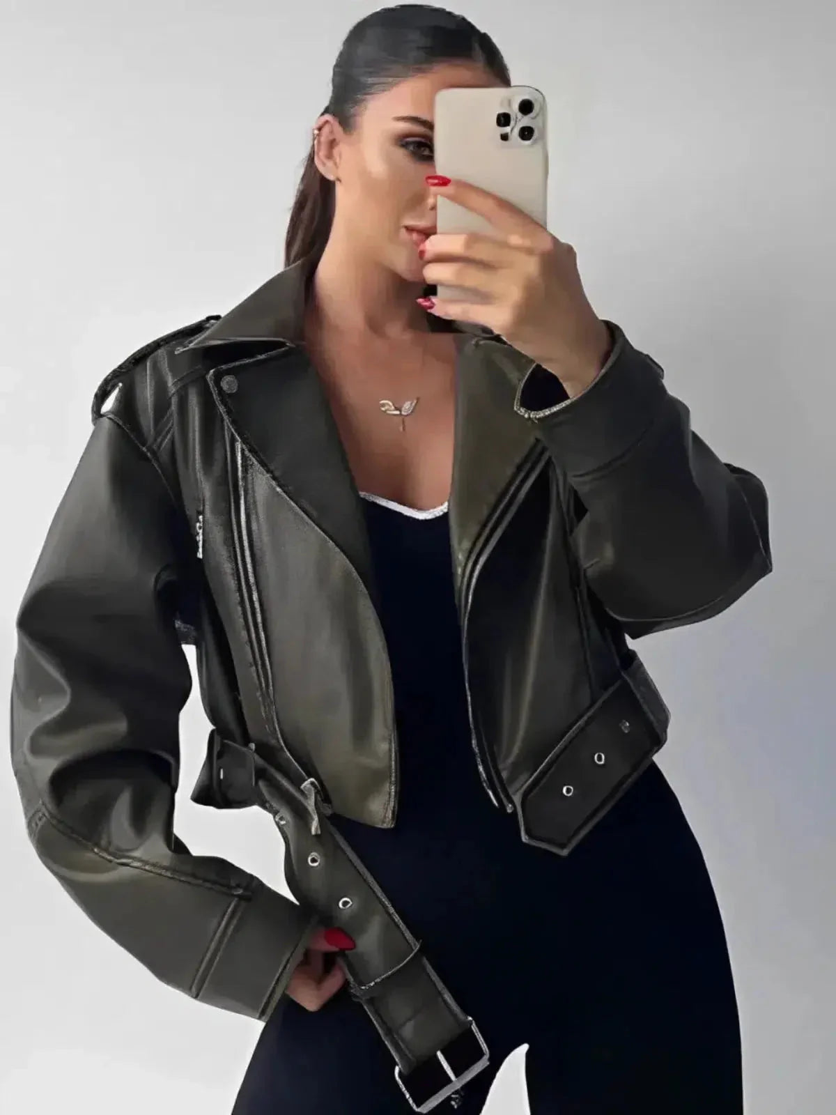 Isla – Cropped fitted design – Belted biker jacket
