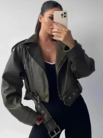 Isla – Cropped fitted design – Belted biker jacket