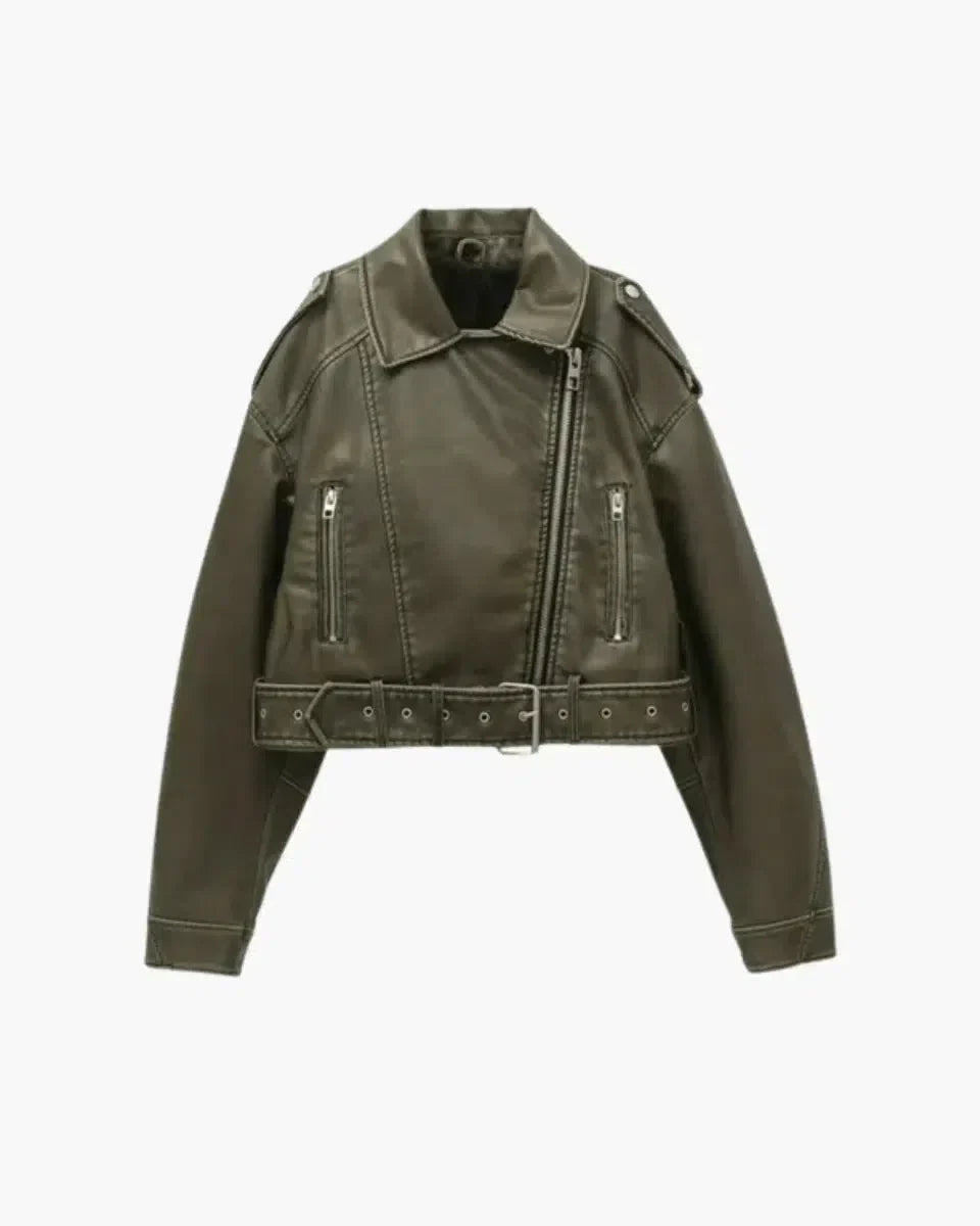 Isla – Cropped fitted design – Belted biker jacket